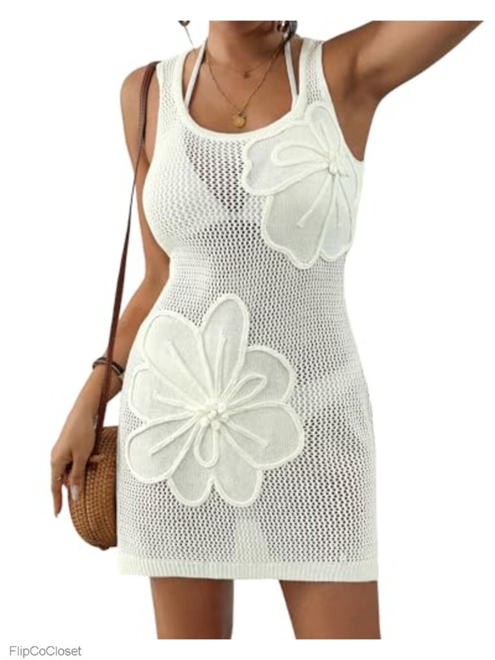 Crochet Swimsuit Coverup 3D Floral Beach Tank Dress Sleeveless U-Neck